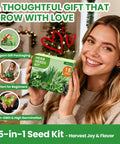 Smiling woman holding Ultimate 15 In 1 Herb Garden Starter Kit For Indoor And Outdoor Growing With 15 Popular Herb Seeds