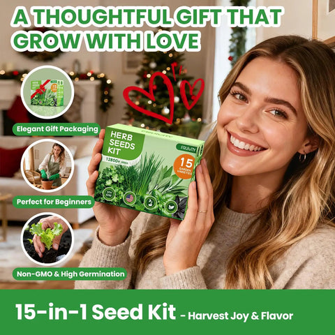 Smiling woman holding Ultimate 15 In 1 Herb Garden Starter Kit For Indoor And Outdoor Growing With 15 Popular Herb Seeds