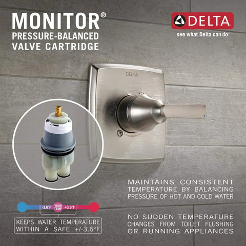 Monitor pressure-balanced valve cartridge with chrome handle from Trinsic 14 Series Single Function Valve Trim Kit for shower system.