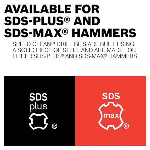 Text showcasing compatibility for SDS-plus and SDS-max hammers with SDS Max Speed Clean Dust Extraction Bit For Vacuum Connected Drilling Three Quarters Inch By Twenty One Inch Compatible With SDS Plus And SDS Max Hammers Speeds Up Anchor Installations By Reducing Debris