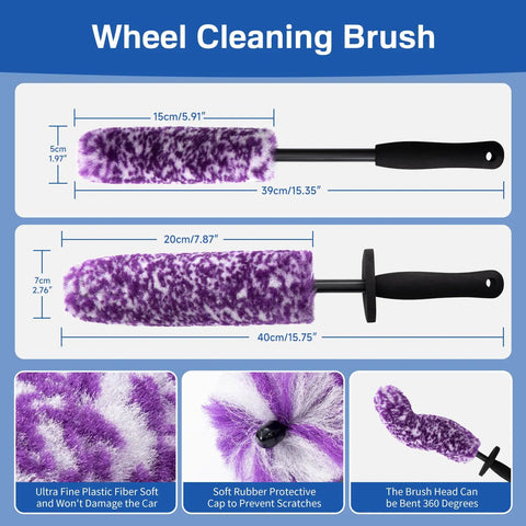 4 Pack Wheel And Tire Cleaning Brush Kit For Cars, Motorcycles, RVs And Trucks, Ultra Soft Synthetic Woolies, 360 Bendable Bristles, No Spatter, Includes Stiff Tire Brush And Soft Detailing Brush For Rims, Hubs And A Next Level Clean, purple woolie brush