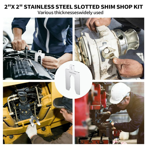 Stainless Steel Slotted Shim Kit 2 By 2 Inch, 80 Piece Leveling Shims Set installed in industrial settings for machining.