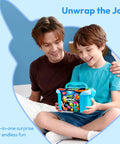 Father and son opening Glow In The Dark Water Gel Kit For Kids With Ten Gels Twelve Sea Creature Molds Preserving Bottle And Sparkle Gels