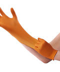 Venom Steel orange nitrile glove, side view with textured grip worn on forearm