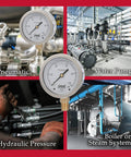 Industrial liquid filled pressure gauge for pumps, compressors, and hydraulic systems, displaying pressure from 0 to 100 psi.