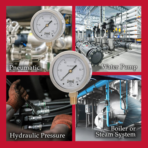 Industrial liquid filled pressure gauge for pumps, compressors, and hydraulic systems, displaying pressure from 0 to 100 psi.