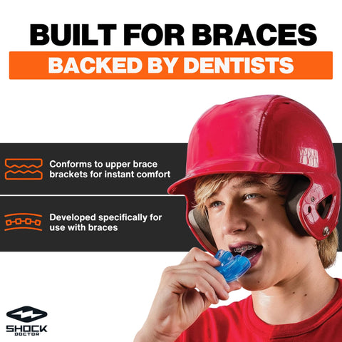 Person wearing red helmet using Braces Mouth Guard With Helmet Strap For Football, Orthodontic Mouth Guard for Sports