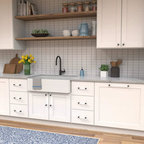 Modern kitchen with 5 Pack Solid Core Cabinet Pulls With Matte Black Finish And Crystal Acrylic Accents, 12 Inch Center To Center Kitchen Cabinet Handles For Cabinets And Dressers, Premium Luxury Hardware, Midway Collection on white cabinets.