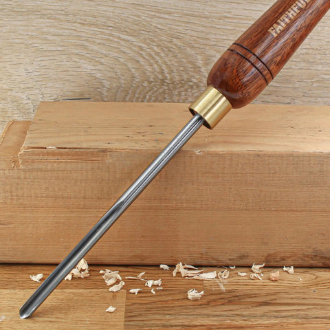 Pro Grade HSS Spindle Gouge Woodturning Chisel with walnut handle and brass ferrule on wood surface, ideal for lathe work.