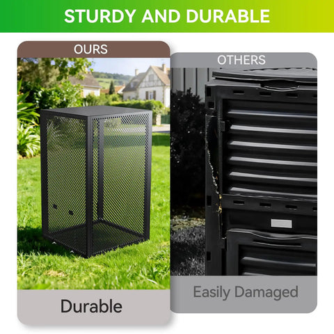 Heavy Duty 2 In 1 Outdoor Compost Bin With Lid, Large 93/130 Gallon Garden Waste Cage next to damaged bin comparison