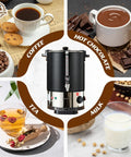 Boss Level 50 Cup Coffee Urn With Temperature Control And 1200W Power surrounded by coffee, tea, hot chocolate, and milk setups