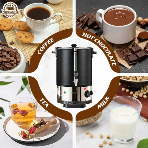 Boss Level 50 Cup Coffee Urn With Temperature Control And 1200W Power surrounded by coffee, tea, hot chocolate, and milk setups