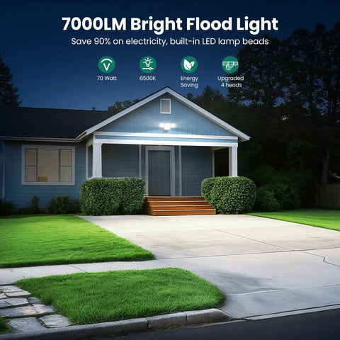House exterior illuminated by 70W 7000LM LED Flood Light With 4 Adjustable Heads Switch Controlled Outdoor Security Lighting, 6500K Daylight.