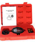 Fuel pump tester gauge kit in a red plastic storage case with pressure gauge and hoses
