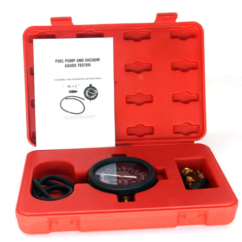 Fuel pump tester gauge kit in a red plastic storage case with pressure gauge and hoses