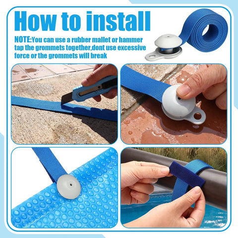 Complete 36 Piece Solar Cover Reel Attachment Kit For Inground Swimming Pool installation steps with blue straps and clips.