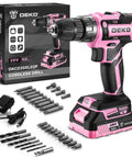 Pink Cordless Drill Kit With Battery And Charger, 20V Electric Power Drill For Women, drill set and box displayed