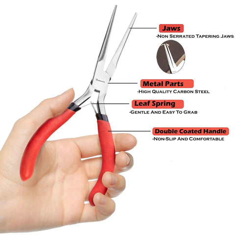 6 Inch Needle Nose Pliers With Extra Long Tapering Non Serrated Jaws For Jewelry Making in hand showing red handle and fine jaws