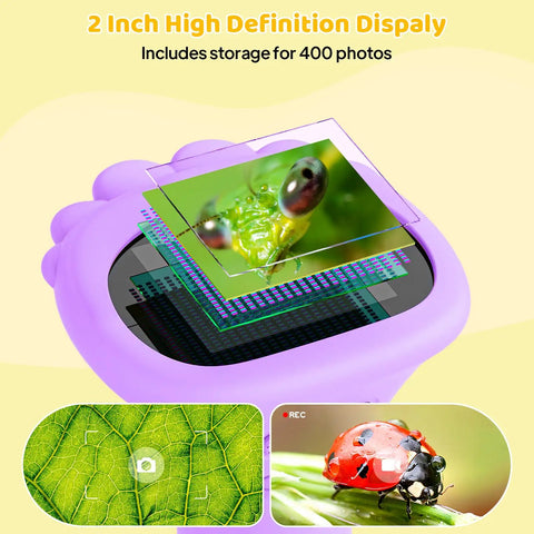 Kid Friendly Microscope 200x Zoom With 2 Inch HD Camera showing insect and leaf details, purple design