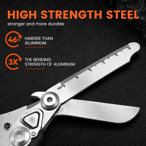 Six In One Folding Trauma Shears For EMTs And First Responders Pocket Size Rescue Scissors With Seatbelt Cutter Oxygen Wrench Window Breaker Tweezers And Ring Cutter Rustproof Stainless Steel Black close-up open blade