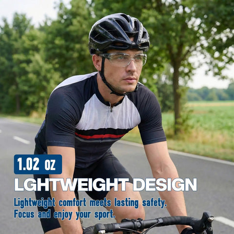 Badass Heavy Duty Safety Glasses Featuring Anti Fog And Scratch Resistant Lens For High Impact Protection And UV Blocking On Construction And DIY Sites Ansi Certified In Black worn by cyclist on road