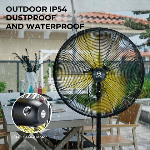 Whisper Quiet 24 Inch Industrial Pedestal Fan With Brushless DC Motor 5000 CFM Waterproof Heavy Duty Fan in outdoor setting