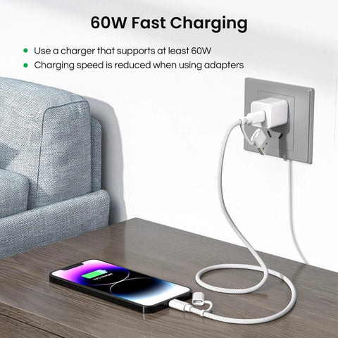 4 In 1 USB C Charger Cable With USB C To USB C And Lightning Adapters, 60W Fast Charging, 6.6Ft cord charging phone on table