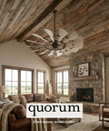 Sixty Inch Damp Rated Ceiling Fan With A Badass Fifteen Blade Wagon Wheel Design Efficient DC Motor Weathered Oak Blades Textured Black Finish And A Slick Remote For Any Room Or Covered Patio Setup in rustic living room.