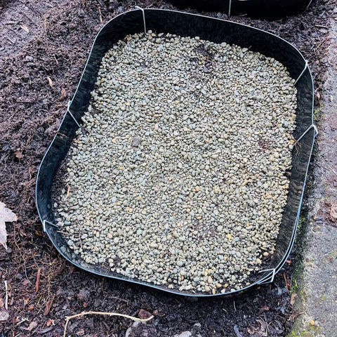 Made In USA Set Of Flexible Custom Stepping Stone Molds For Concrete And Garden Paths, thick plastic mold filled with gravel