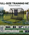 All In One Golf Practice Net With Mat For Backyard And Garage Training Portable Driving Cage shown on grass with dimensions