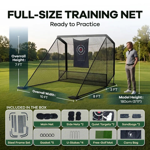 All In One Golf Practice Net With Mat For Backyard And Garage Training Portable Driving Cage shown on grass with dimensions