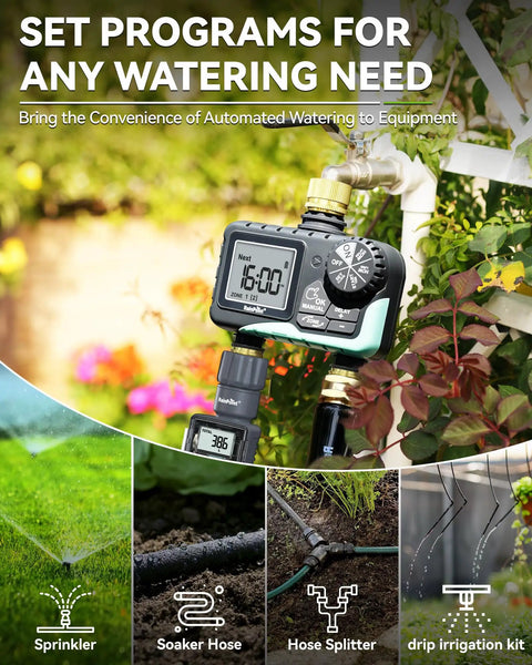 Two Zone Sprinkler Timer With Brass Inlet And Outlet For Garden Hose All In One Watering System mounted on outdoor faucet