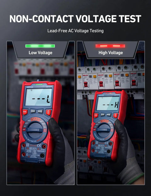 Digital Multimeter TRMS 20000 Counts With Auto Ranging showing low and high voltage readings