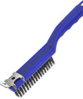 Flo Pac Plastic Grill And Kitchen Cleaning Brush With Scraper 11.38 Inch Griddle Brush blue handle steel bristles close-up view