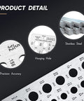 Stainless Steel Drill Gauge 29-Hole For Inches Fractions Decimals, close-up of precision holes and material detail