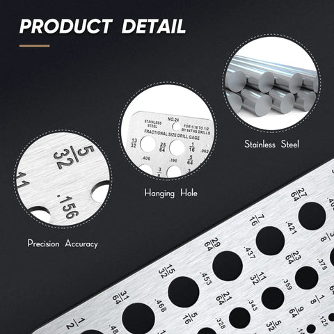 Stainless Steel Drill Gauge 29-Hole For Inches Fractions Decimals, close-up of precision holes and material detail