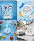 Portable Mini Ultrasonic Washing Machine For Everyday Laundry And Kitchen Prep, compact model with washing clothes in water.