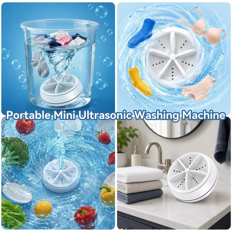 Portable Mini Ultrasonic Washing Machine For Everyday Laundry And Kitchen Prep, compact model with washing clothes in water.
