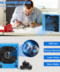 Man using Pro Grade Solder Fume Extractor With 12V Power Five Carbon Filters Quiet High Flow Fan on a soldering station