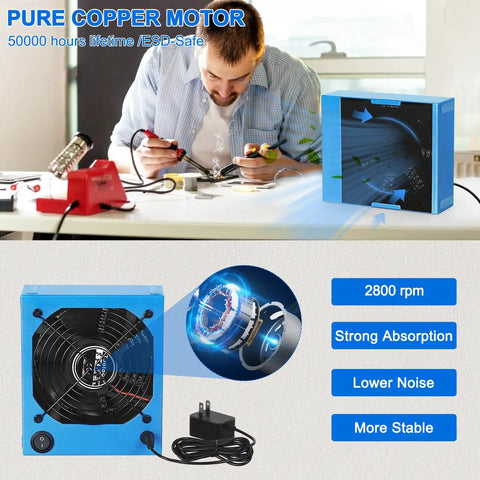 Man using Pro Grade Solder Fume Extractor With 12V Power Five Carbon Filters Quiet High Flow Fan on a soldering station