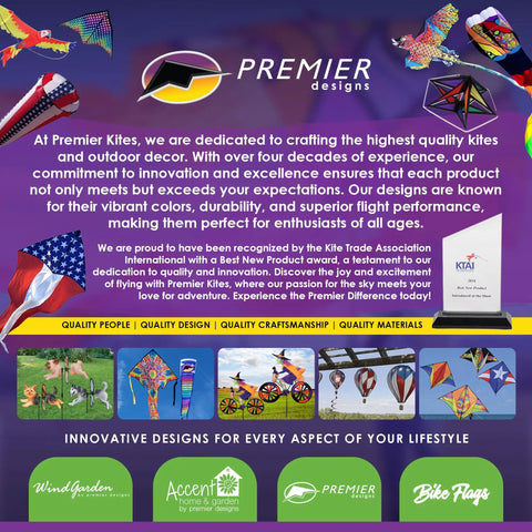 Promotional image for Premier Kites showcasing innovative kite designs and quality craftsmanship in vibrant outdoor decor.