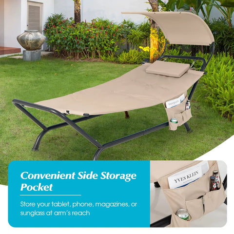 Beige Hanging Hammock Chair With Stand And Canopy For Patio Chillin Cushions Pillow Storage Bag Heavy Duty Swing Bed
