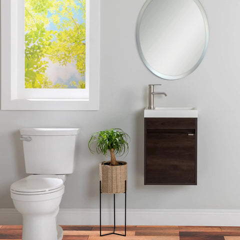 Floating 15.75 In W Small Bathroom Vanity With White Sink Top, 1-Door Cabinet, Open Under-Sink Storage, Elm Ember Finish