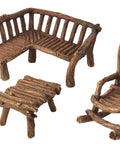 Three Piece Fairy Garden Furniture Set With Rustic Wood Bench, Rocking Chair And Mini Table For Your Garden Fairies Made From Resin