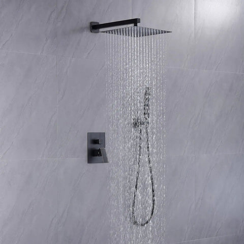 Wall Mounted Shower System With 12 Inch Rainfall Head And Handheld Combo, Oil Rubbed Bronze Finish in modern bathroom.