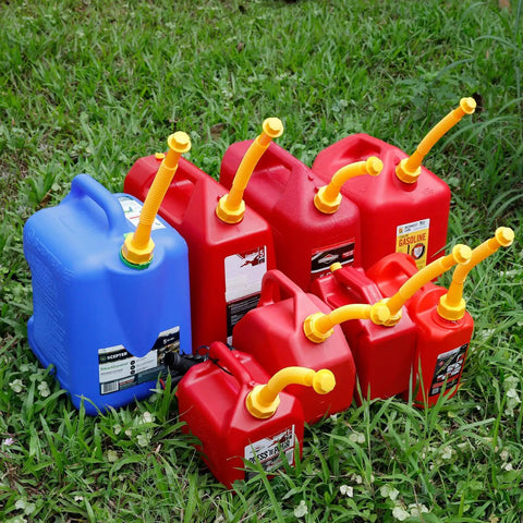 Multiple gas cans with yellow HDPE spout replacement kit for 1/2, 5, 10 gallon easy pour nozzle fits most cans includes cap replacement for cars