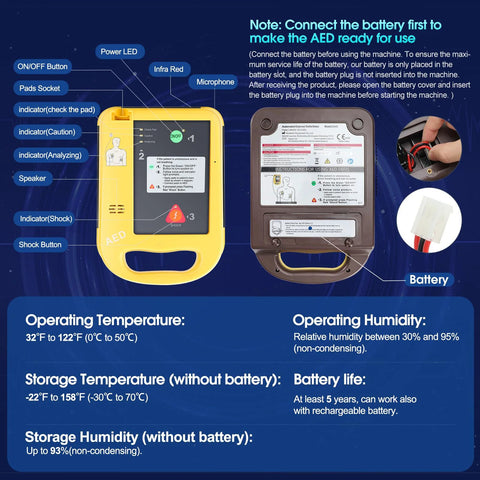 AED defibrillator, yellow portable home device by Amazon; front view with display and buttons, back view shows battery.