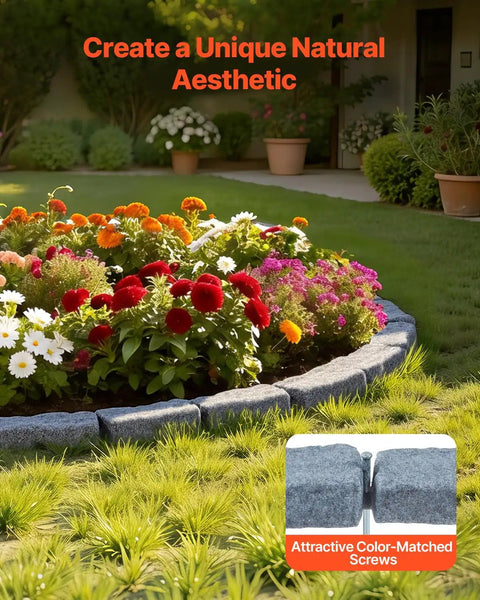 Faux Stone Landscape Edging Kit No Dig Border For Lawn And Garden Flexible Stone Look Edging around flower bed with color-matched screws.