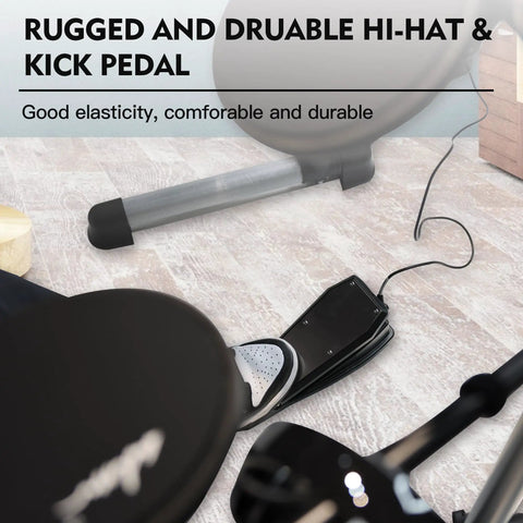 Beginner Electric Drum Set With Quiet Mesh Pads And 180 Plus Sounds, showing hi-hat and kick pedal on wooden floor