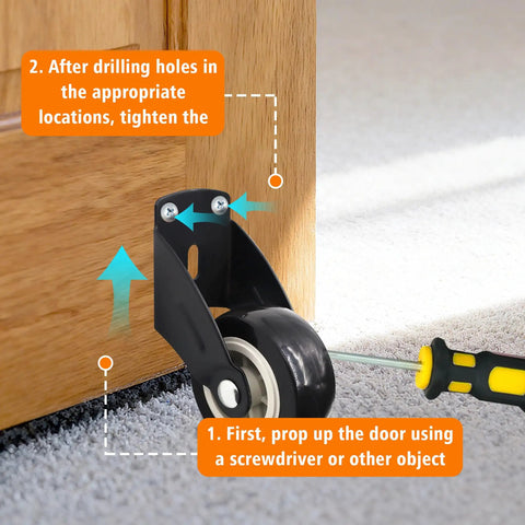 2 Inch Door Support Wheel And Gate Roller Replacement Kit With Included Screws To Patch Up Drooping Screen Doors Quick Roll Slick On Classic Wood Fences Stress Free DIY Weekend Swap installed on door with screwdriver for adjustment.